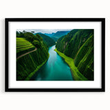 Framed rainforest landscape wall art featuring vibrant green hues and intricate details, set in a sleek black frame with a white mat, ideal for home decor.
