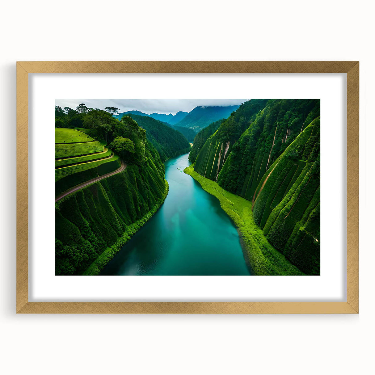 Framed rainforest landscape wall art collection showcasing vibrant greens and gold accents, ideal for adding a touch of nature-inspired elegance to any room.