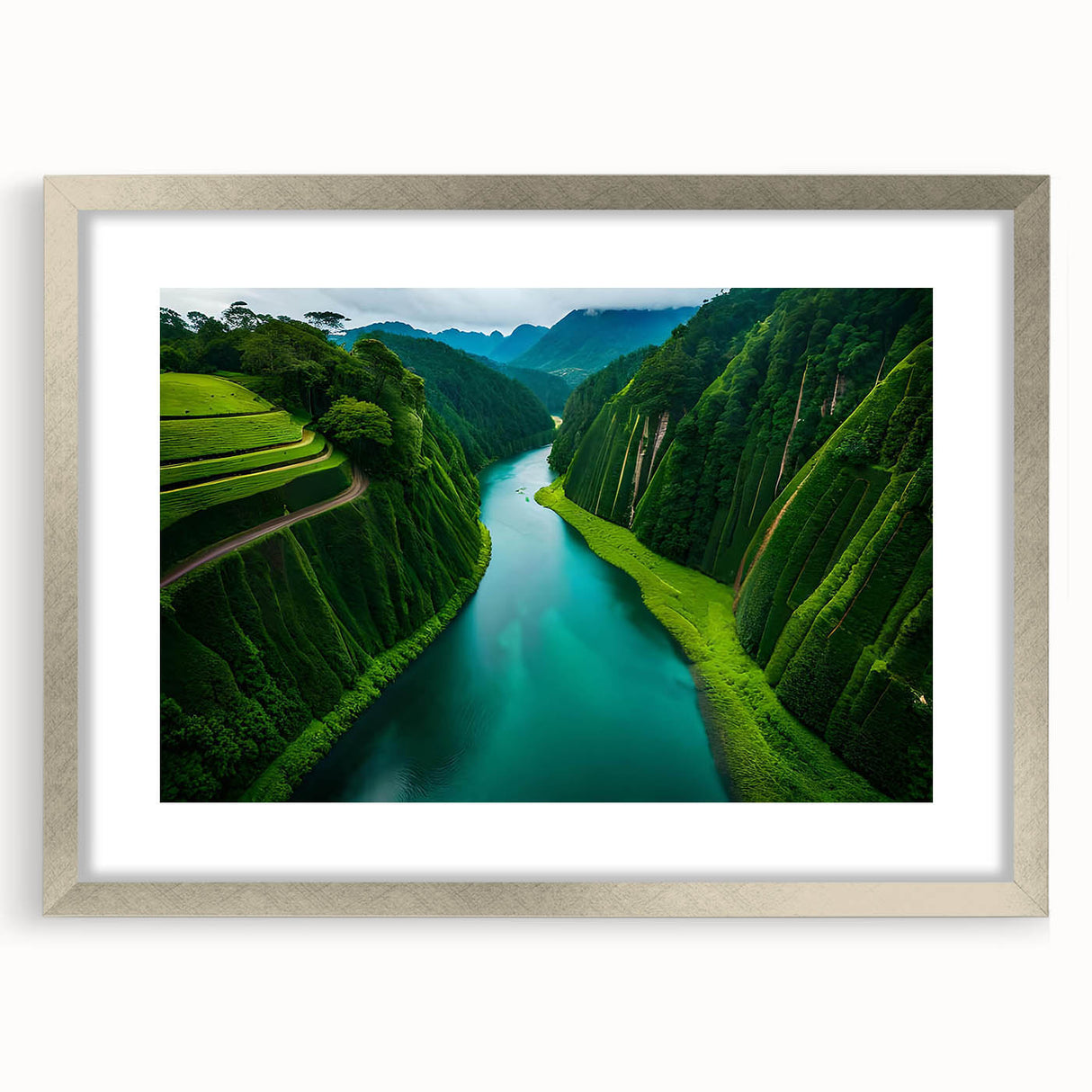 Framed rainforest landscape wall art featuring vibrant green foliage and serene natural elements, set in a sleek silver frame with a mat for an elegant presentation.