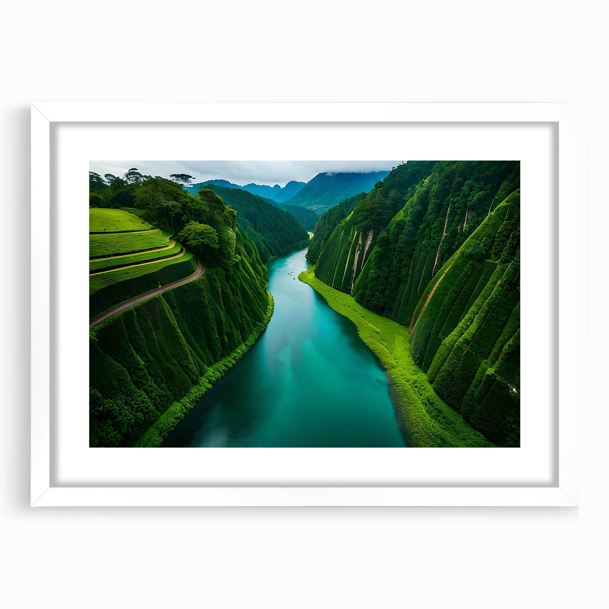 Framed wall art featuring a vibrant rainforest landscape design with lush greenery, mounted with a white mat for an elegant presentation, ideal for home decor.