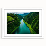 Framed wall art featuring a vibrant rainforest landscape design with lush greenery, mounted with a white mat for an elegant presentation, ideal for home decor.