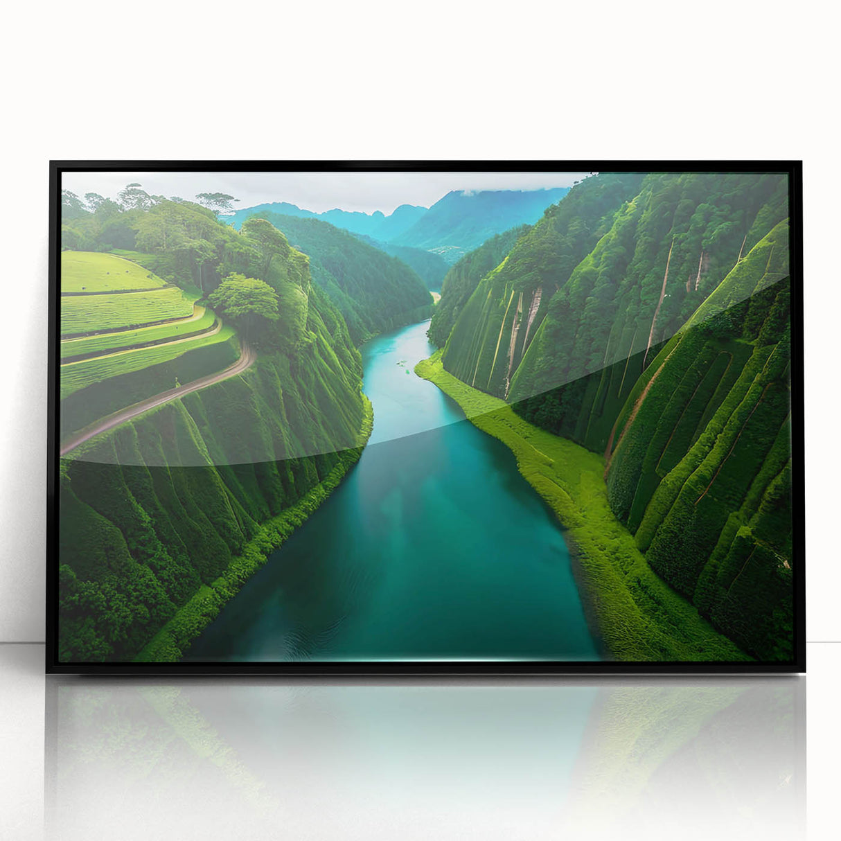 Framed acrylic wall art featuring a vibrant rainforest landscape design, showcasing lush greenery and tropical colors, perfect for enhancing modern home decor.