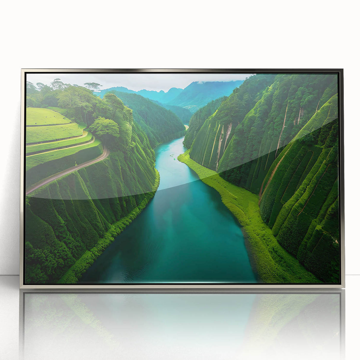 Framed acrylic wall art featuring a vibrant rainforest landscape design, accented with silver framing, ideal for enhancing modern decor in living spaces.