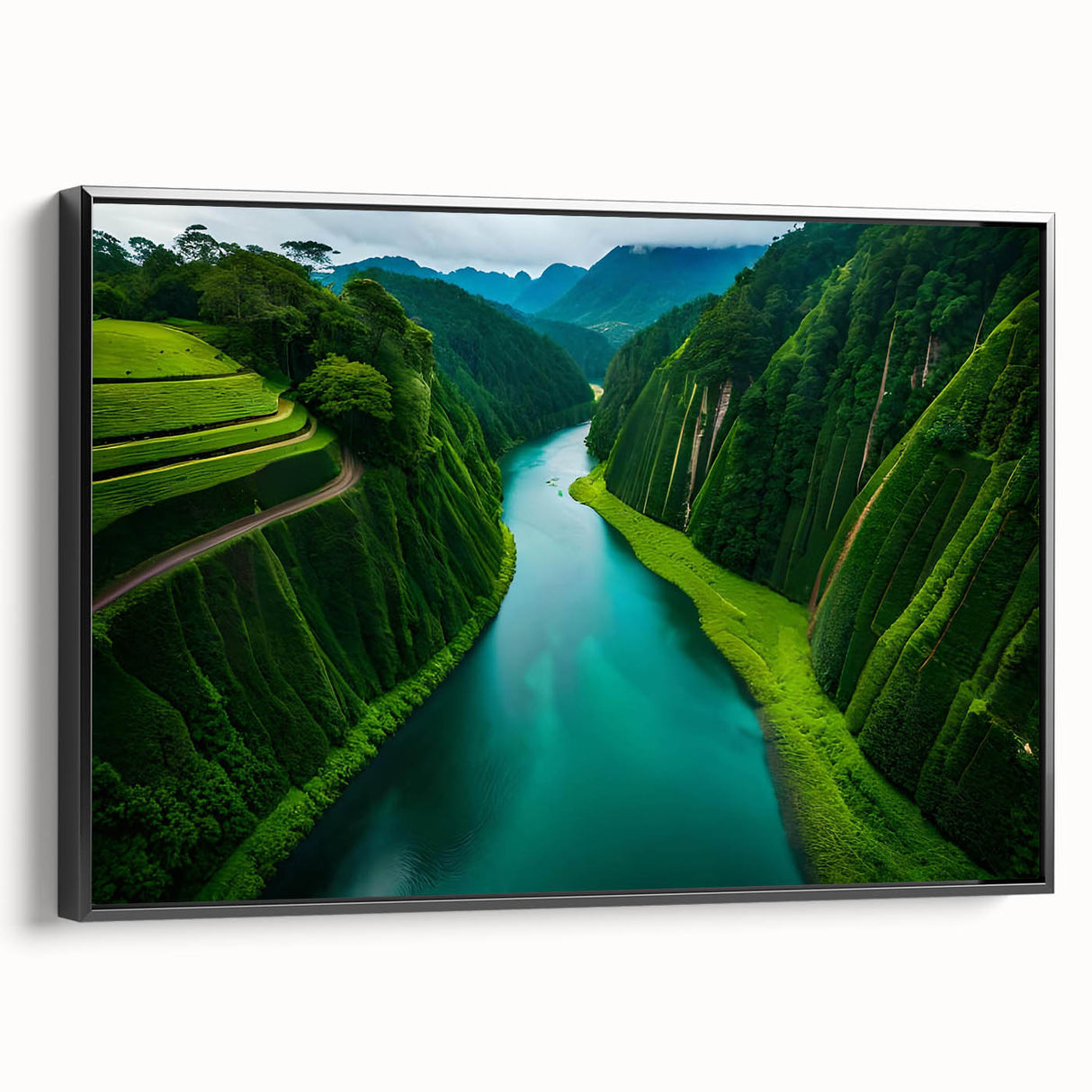 Framed canvas wall art depicting a lush rainforest landscape with vibrant green foliage and intricate details, featuring a sleek black frame for modern decor.