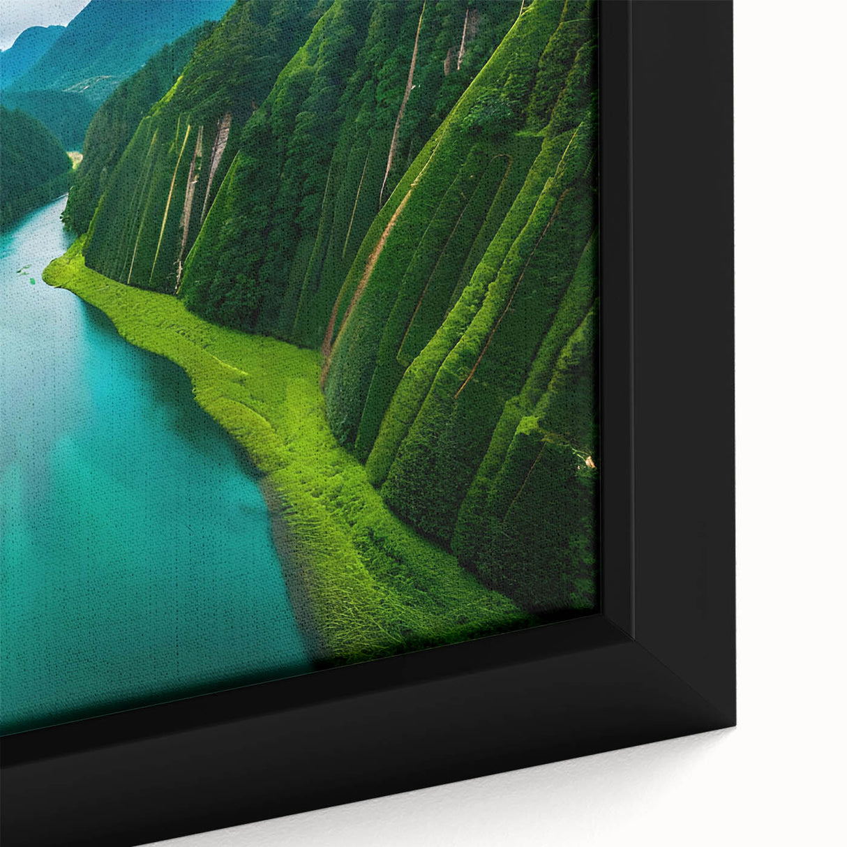 Close-up of a framed rainforest landscape wall art piece showcasing vibrant green foliage, intricate details, and rich textures, perfect for enhancing home decor.