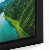 Close-up of a framed rainforest landscape wall art piece showcasing vibrant green foliage, intricate details, and rich textures, perfect for enhancing home decor.