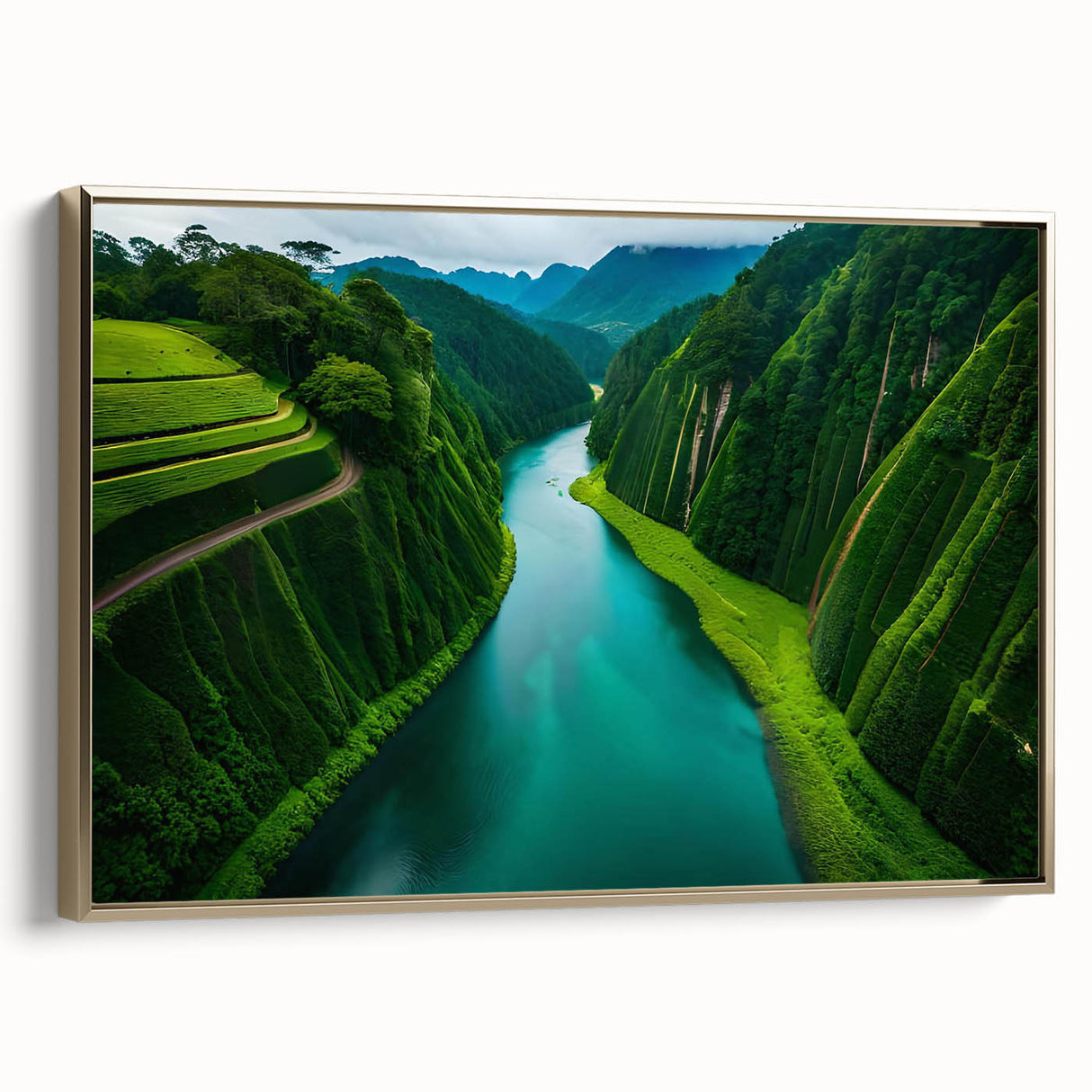 Framed canvas wall art featuring a vibrant rainforest landscape design with lush greenery and gold accents, ideal for enhancing home decor with a natural theme.