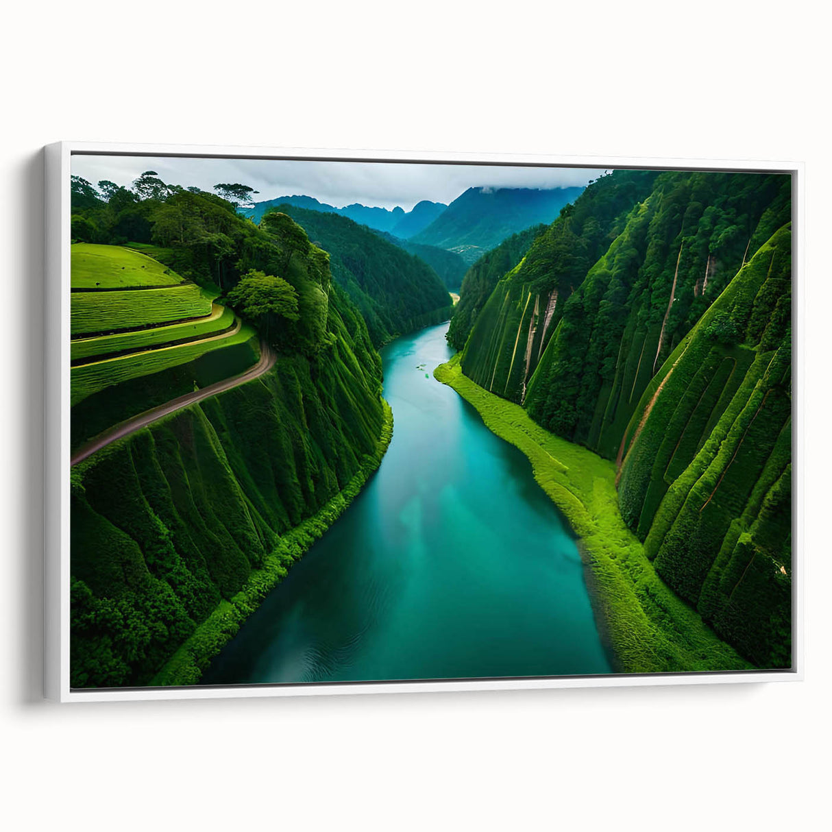 Framed canvas wall art showcasing a vibrant rainforest landscape design, featuring lush greenery and vivid colors, displayed from a white side view. Perfect for nature-themed decor.