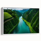 Framed canvas wall art showcasing a vibrant rainforest landscape design, featuring lush greenery and vivid colors, displayed from a white side view. Perfect for nature-themed decor.
