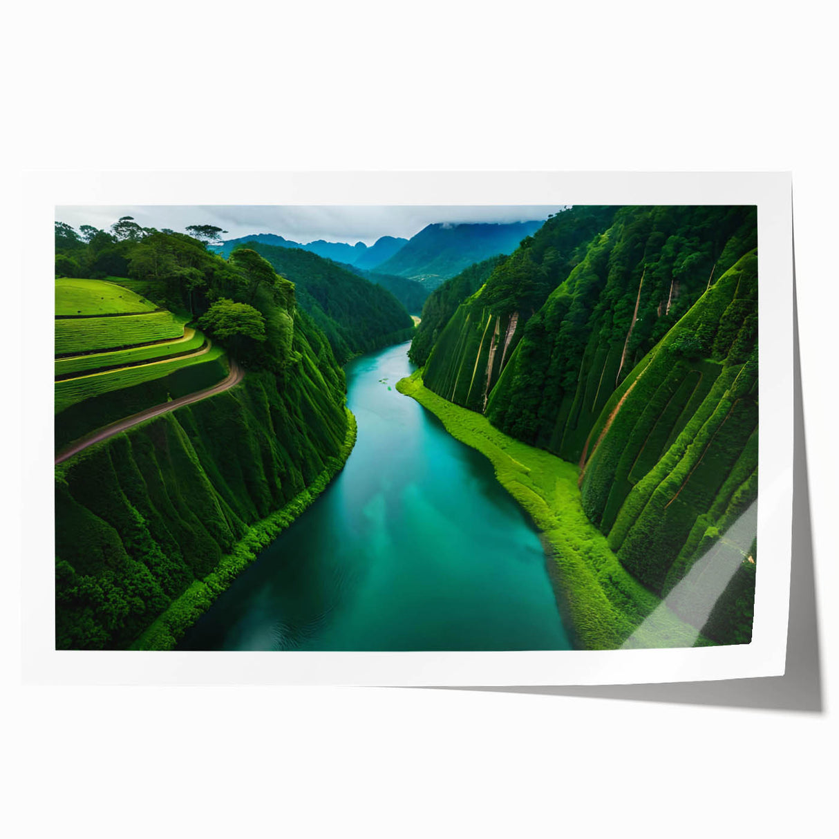 Vibrant rainforest landscape wall art print showcasing lush greenery and tropical flora, rolled and ready for framing, ideal for nature-inspired decor.