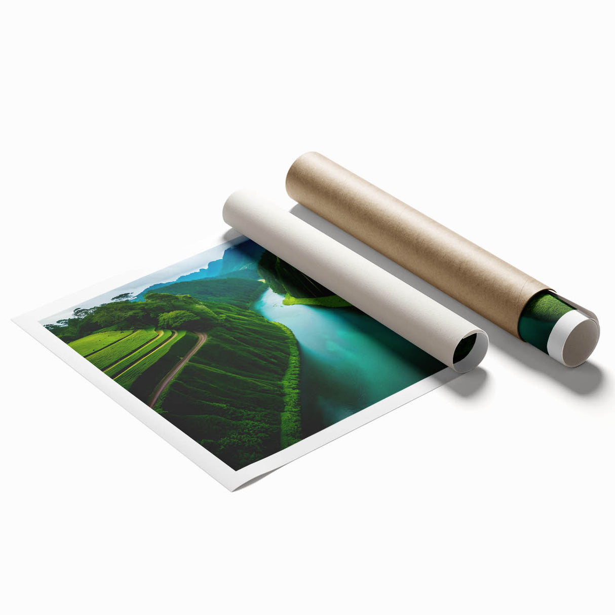 Vibrant rainforest landscape wall art print showcasing lush green foliage and exotic plants, rolled and ready for framing, perfect for nature-themed decor.
