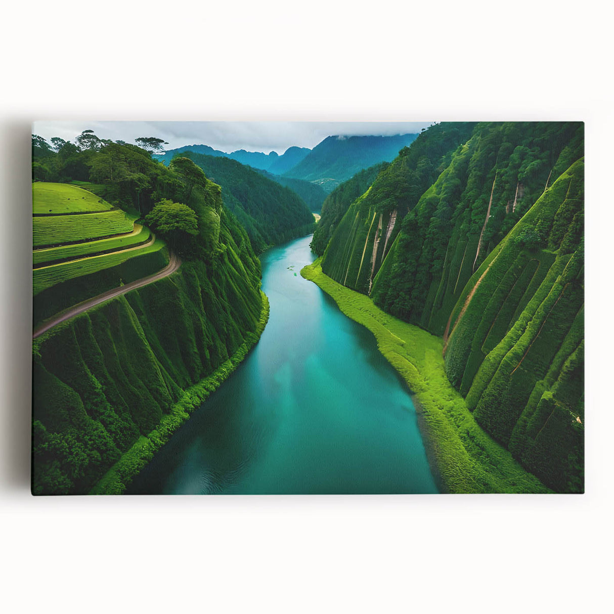 Vibrant rainforest landscape wall art on stretched canvas, showcasing lush greenery and detailed foliage, perfect for enhancing home decor with nature's beauty.