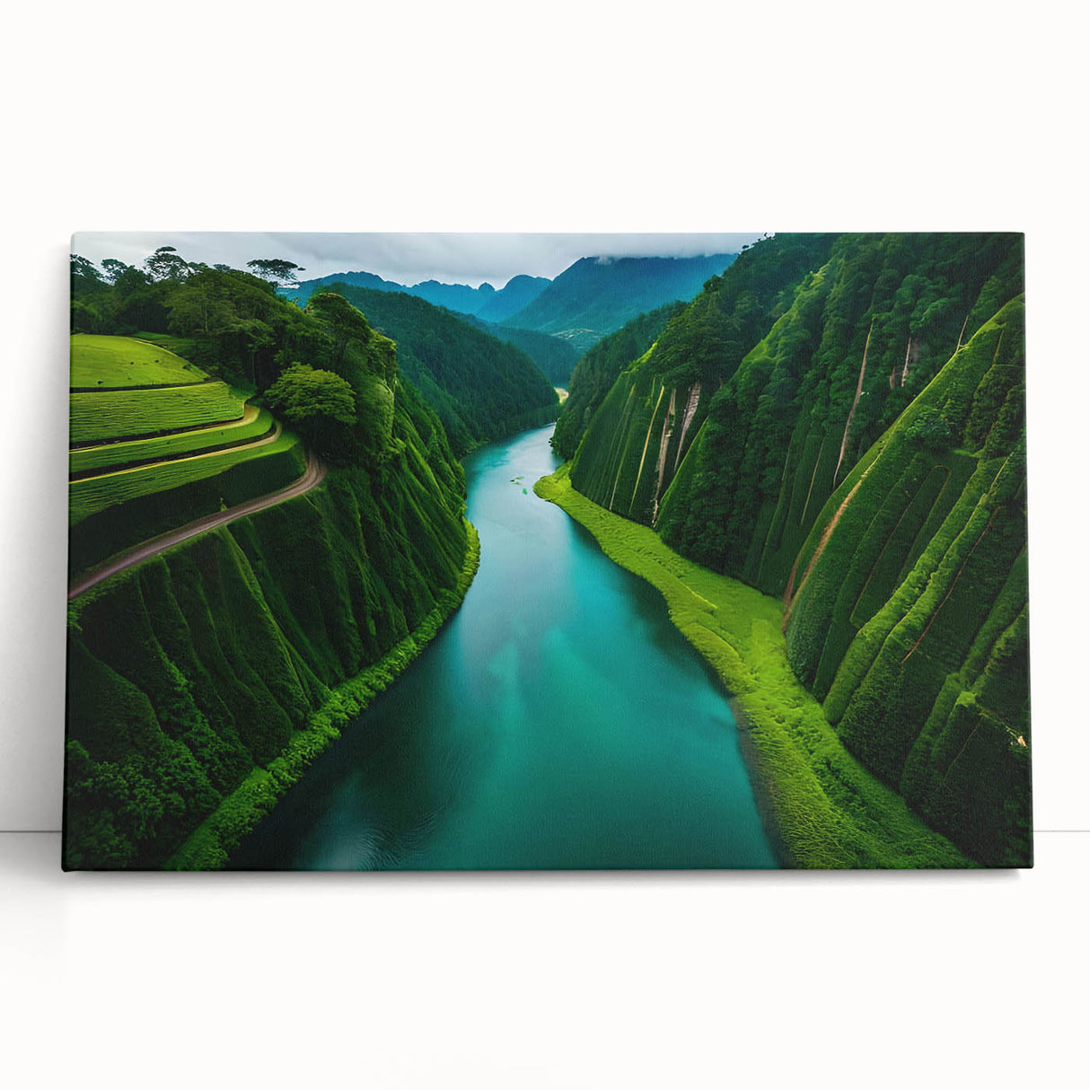 Stretched canvas wall art showcasing a vibrant rainforest landscape design, featuring lush greenery and rich colors, perfect for adding a touch of nature to any space.