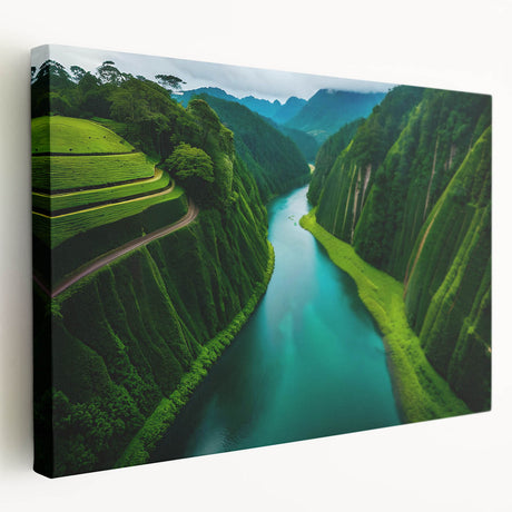 Stretched canvas wall art showcasing a vibrant rainforest landscape design, featuring lush green foliage and intricate details, perfect for home decor.