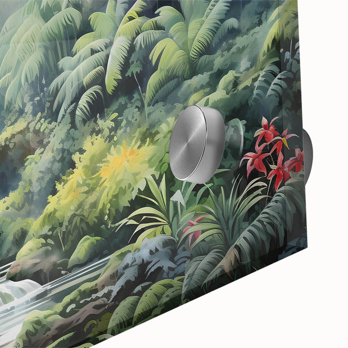 Close-up of vibrant rainforest wall art design featuring lush green foliage and intricate details, printed on acrylic glass for a modern aesthetic and vivid colors.