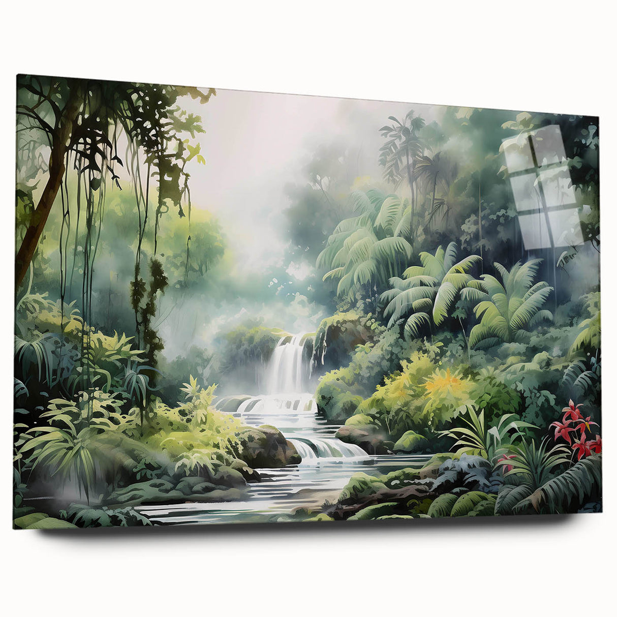 Side view of a vibrant rainforest landscape wall art piece, showcasing lush greenery and intricate details, presented in a sleek acrylic glass frame for modern decor. Ideal for adding a tropical touch to living spaces or offices.