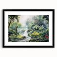 Framed wall art showcasing a vibrant rainforest landscape design, featuring rich greens and earthy tones, with a sleek black mat and frame enhancing its appeal.