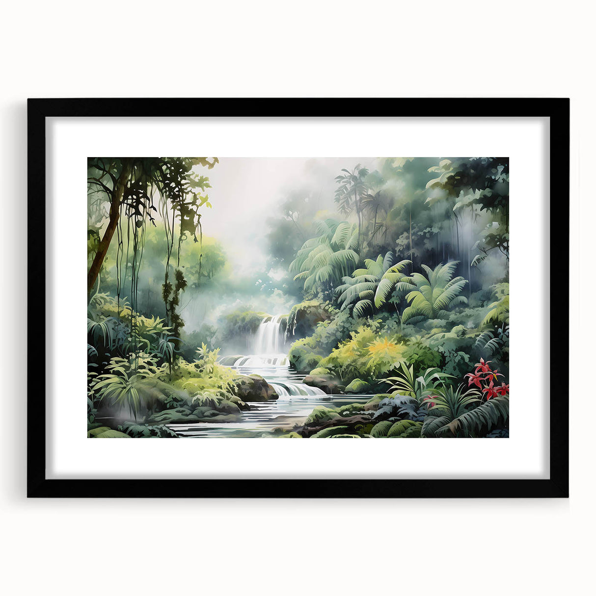 Framed wall art showcasing a vibrant rainforest landscape design, featuring rich greens and earthy tones, with a sleek black mat and frame enhancing its appeal.