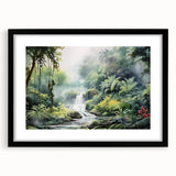 Framed wall art showcasing a vibrant rainforest landscape design, featuring rich greens and earthy tones, with a sleek black mat and frame enhancing its appeal.