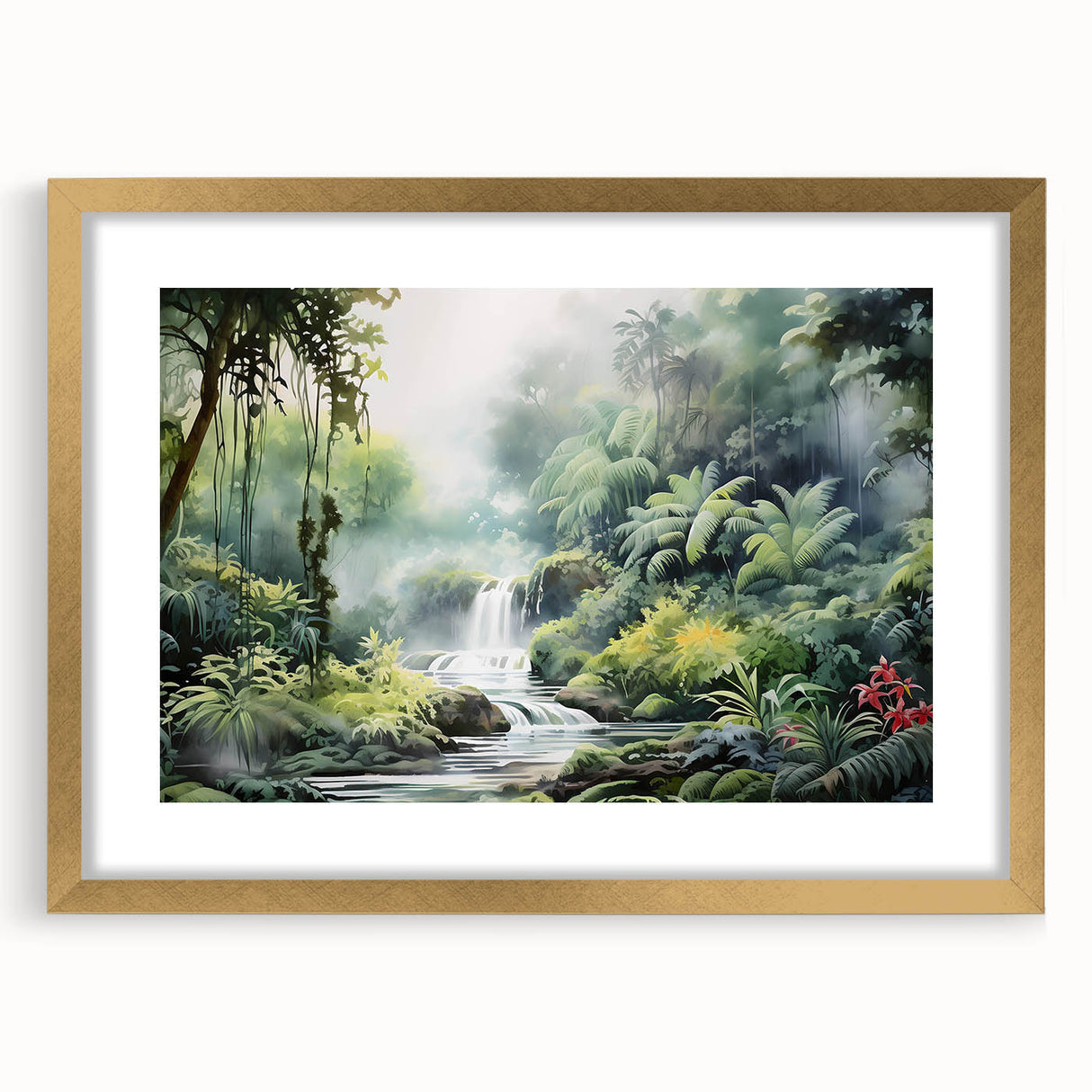 Framed rainforest landscape wall art featuring vibrant green foliage and intricate details, accented with a gold mat and frame, ideal for enhancing home decor.
