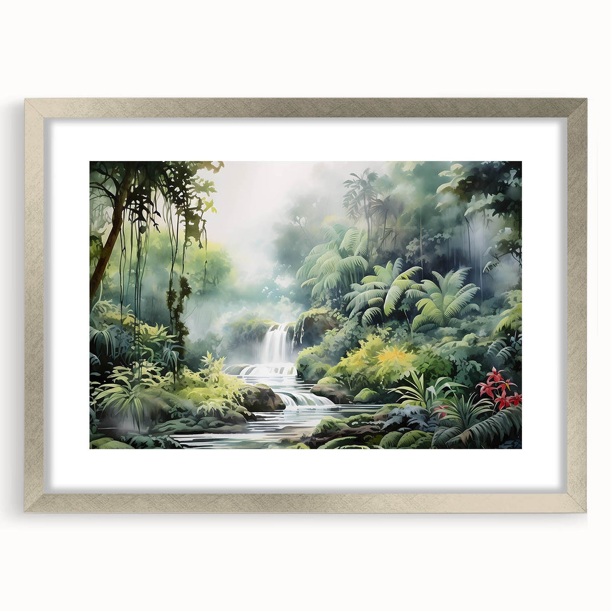 Framed rainforest landscape wall art with a silver mat, showcasing vibrant green foliage and tropical elements, perfect for enhancing modern home decor.
