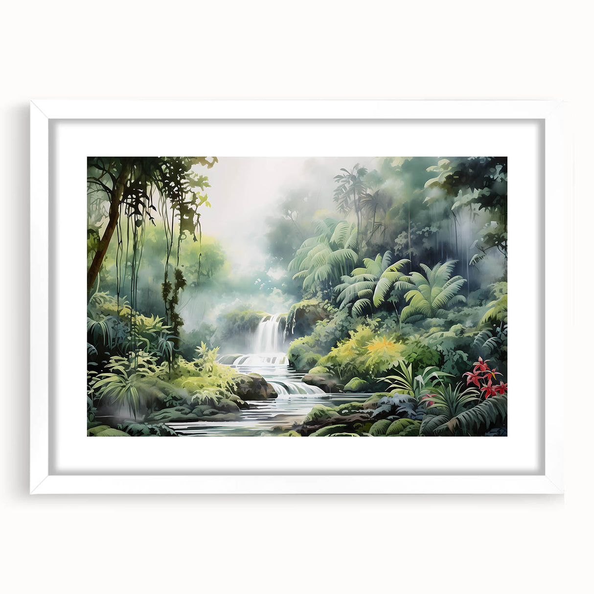 Framed rainforest landscape wall art featuring vibrant greenery and natural elements, set in a sleek white mat and frame, enhancing any interior decor.