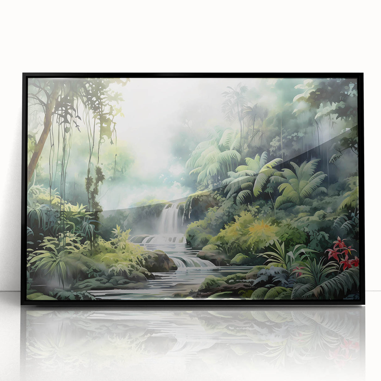 Framed acrylic wall art showcasing a vibrant rainforest landscape, featuring lush greenery and detailed foliage, ideal for enhancing any nature-themed decor.