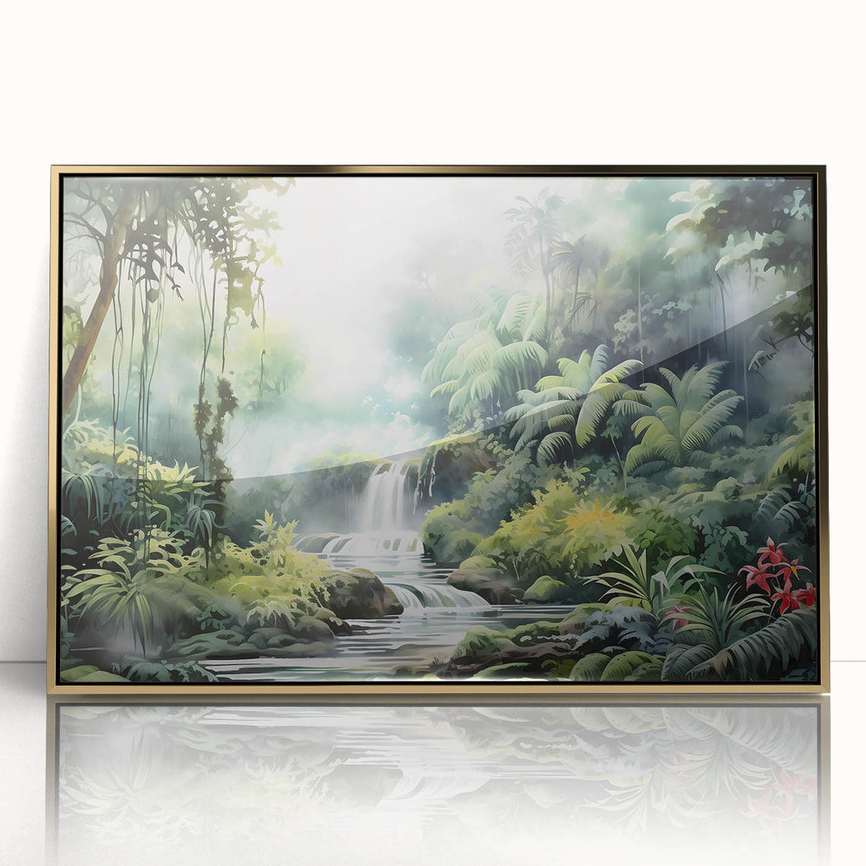 Framed acrylic wall art showcasing a vibrant rainforest landscape design with gold accents, perfect for enhancing home decor and bringing nature indoors.
