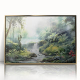 Framed acrylic wall art showcasing a vibrant rainforest landscape design with gold accents, perfect for enhancing home decor and bringing nature indoors.