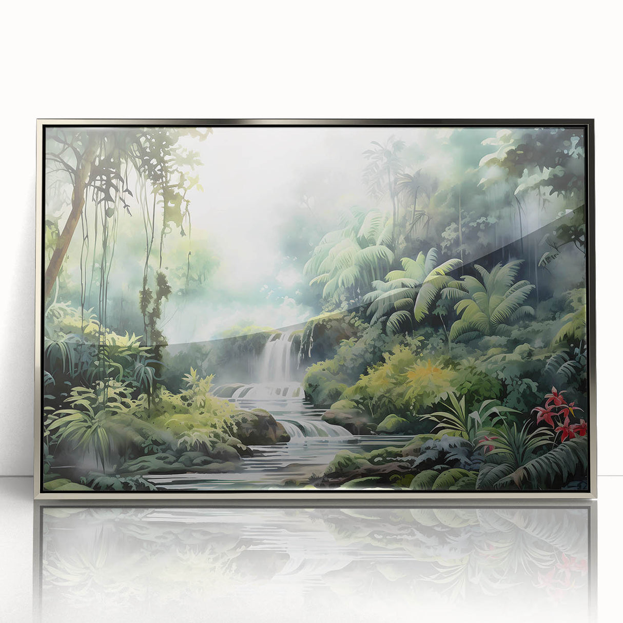 Framed acrylic wall art showcasing a vibrant rainforest landscape design, featuring lush green foliage and intricate details, ideal for nature-inspired home decor.