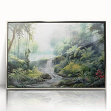Framed acrylic wall art showcasing a vibrant rainforest landscape design, featuring lush green foliage and intricate details, ideal for nature-inspired home decor.