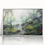 Framed acrylic wall art showcasing a vibrant rainforest landscape design with lush greenery and colorful flora, featuring a sleek white frame for a modern touch. Perfect for adding a tropical vibe to home decor or office spaces.