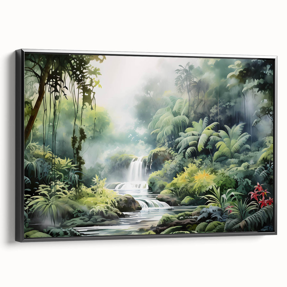 Framed canvas wall art showcasing a vibrant rainforest landscape design with rich green foliage and intricate details, viewed from the side against a neutral background. This striking piece adds a touch of nature-inspired elegance to any space.