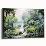 Framed canvas wall art showcasing a vibrant rainforest landscape design with rich green foliage and intricate details, viewed from the side against a neutral background. This striking piece adds a touch of nature-inspired elegance to any space.