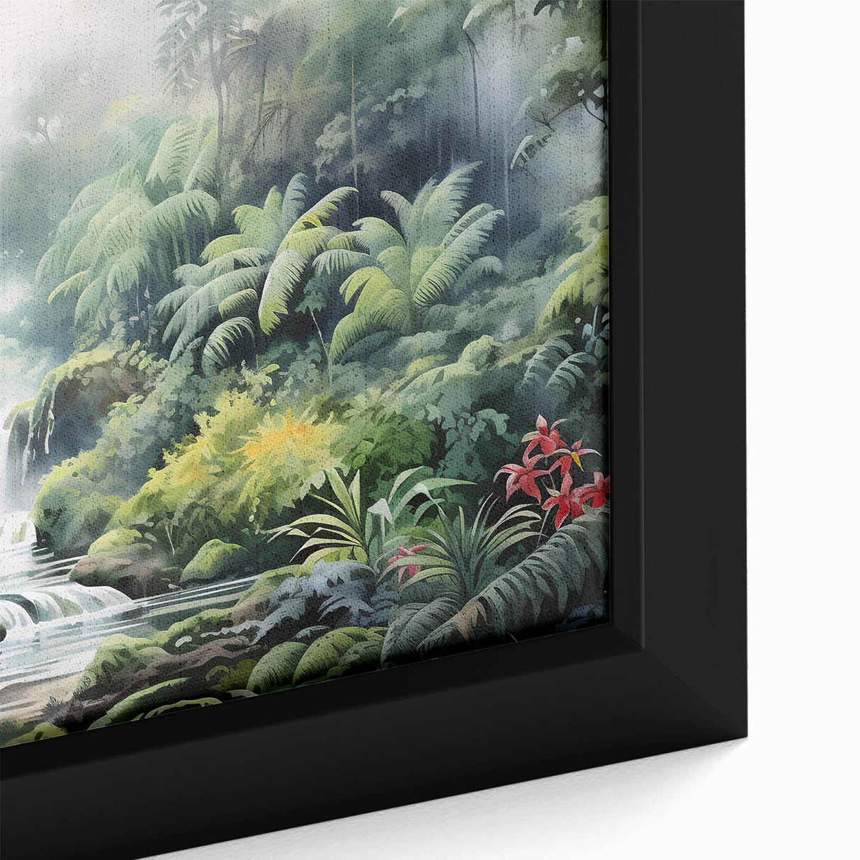 Close-up of a vibrant rainforest landscape canvas print showcasing lush greenery and intricate details, framed for modern decor, ideal for nature enthusiasts.