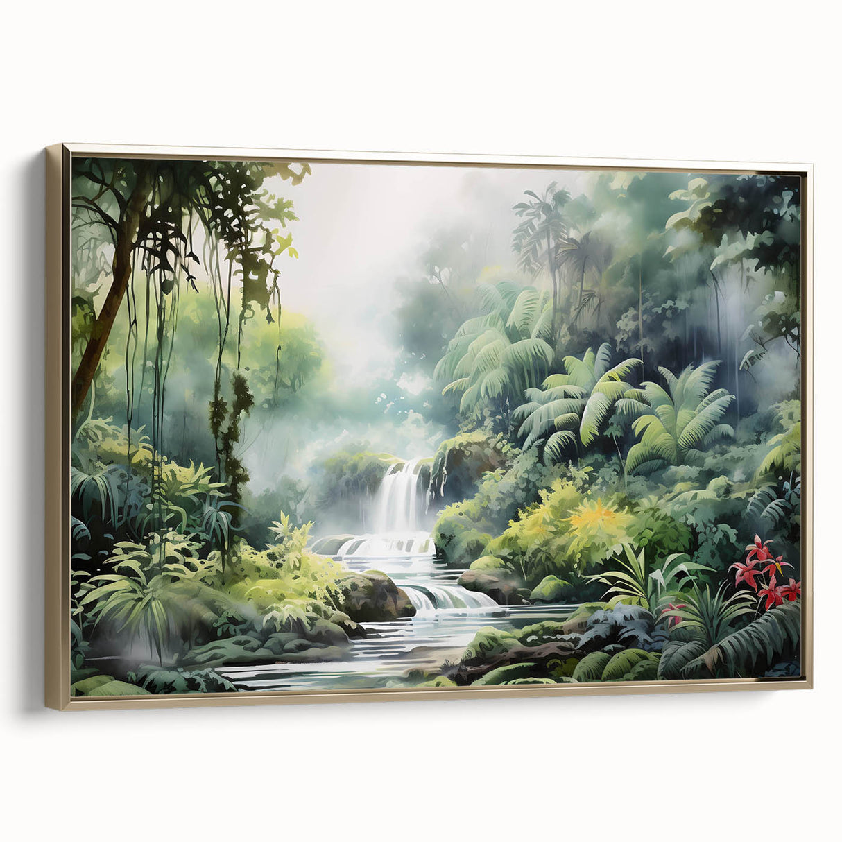 Framed canvas wall art featuring a vibrant rainforest landscape design with lush greenery and golden accents, ideal for enhancing home decor.