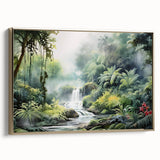 Framed canvas wall art featuring a vibrant rainforest landscape design with lush greenery and golden accents, ideal for enhancing home decor.