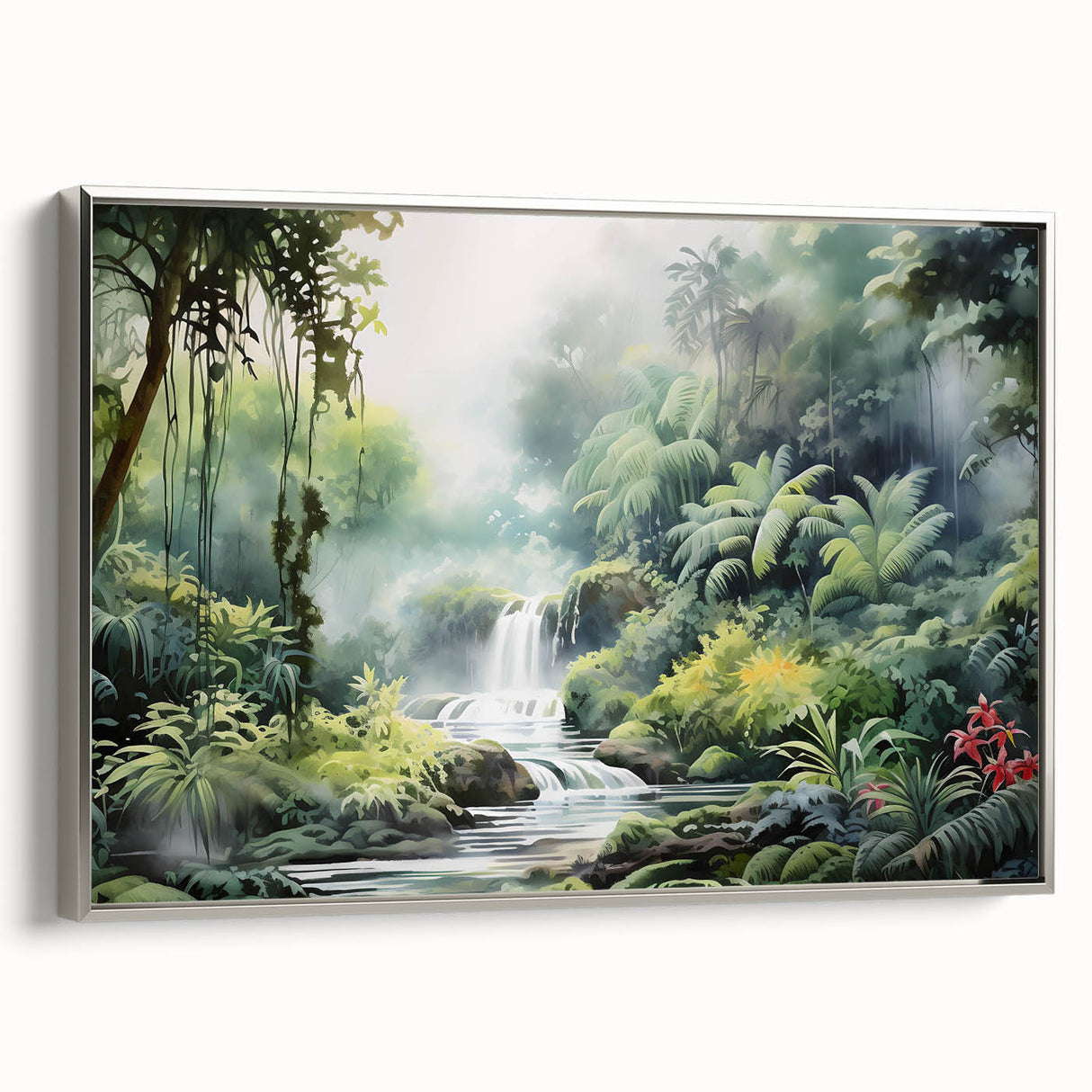 Framed canvas wall art showcasing a vibrant rainforest landscape design, featuring lush greenery and intricate details, presented in a sleek silver frame for an elegant touch.