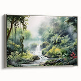 Framed canvas wall art showcasing a vibrant rainforest landscape design, featuring lush greenery and intricate details, presented in a sleek silver frame for an elegant touch.