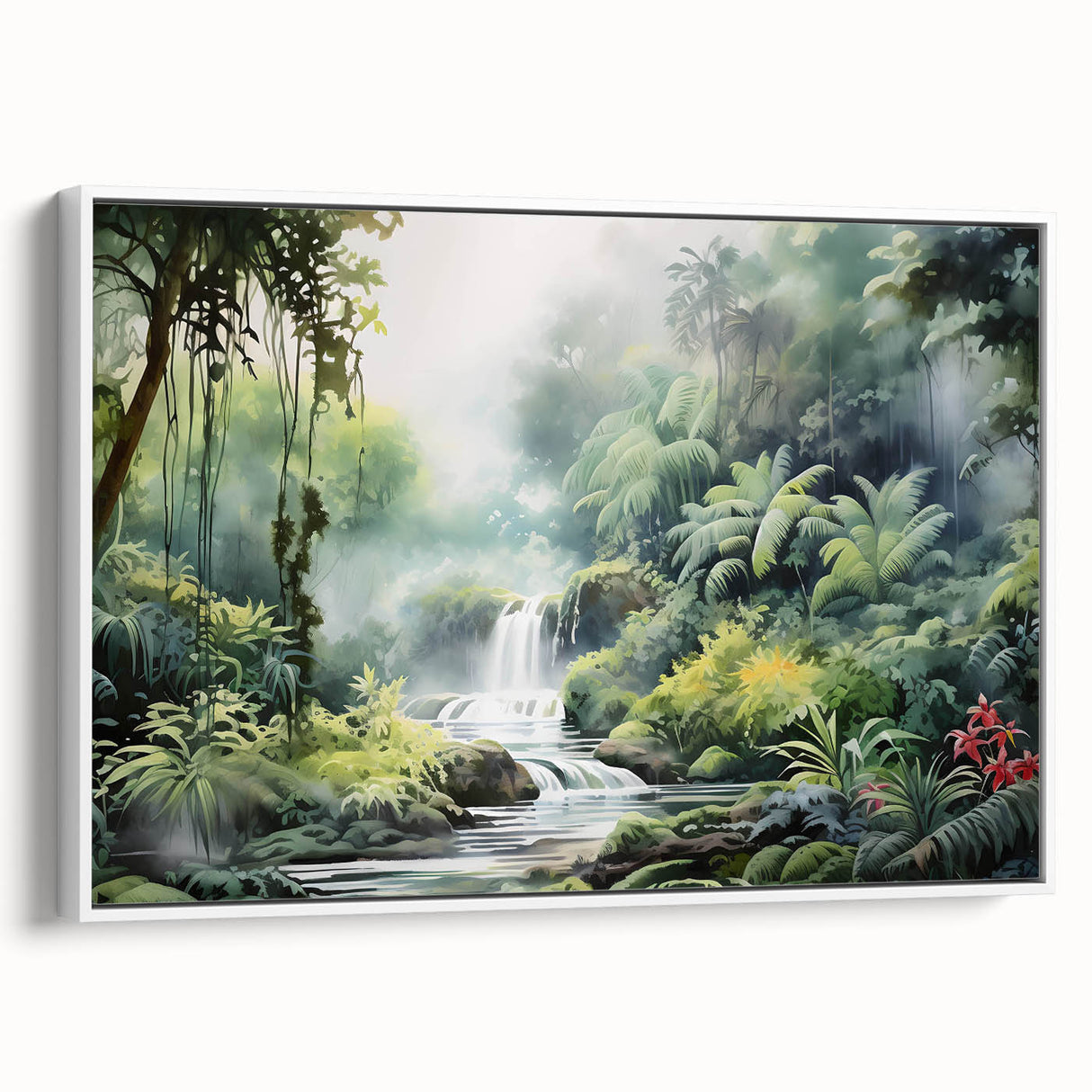 Framed canvas wall art showcasing a vibrant rainforest landscape design, featuring lush greenery and vivid colors, perfect for home decor and nature enthusiasts.