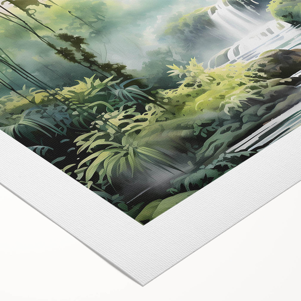 Vibrant rainforest landscape wall art design on rolled canvas, showcasing lush greenery and exotic flora, ideal for nature-inspired decor and vibrant interiors.