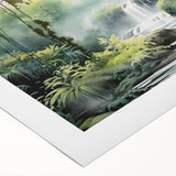 Vibrant rainforest landscape wall art design on rolled canvas, showcasing lush greenery and exotic flora, ideal for nature-inspired decor and vibrant interiors.