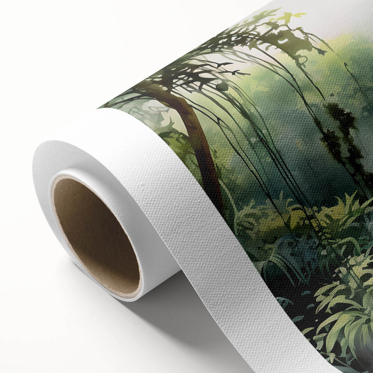 Vibrant rainforest landscape wall art on rolled canvas, showcasing lush greenery and tropical elements, ideal for enhancing home decor with nature-inspired aesthetics.