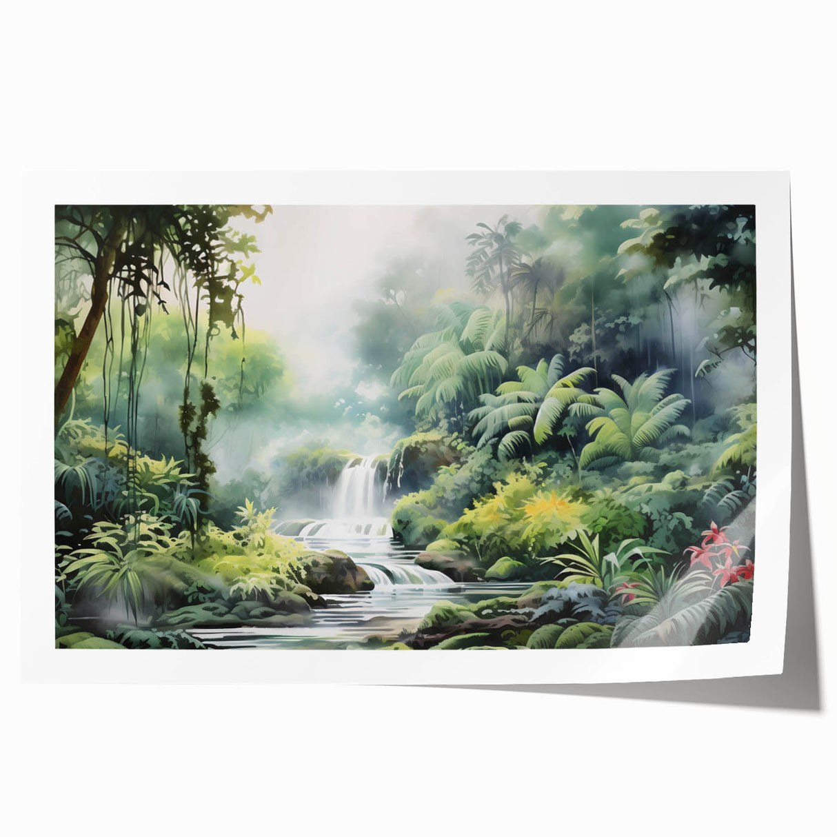 Vibrant rainforest landscape wall art print showcasing lush greenery and tropical flora, rolled for easy transport and display in any space. Perfect for nature enthusiasts and home decor lovers.