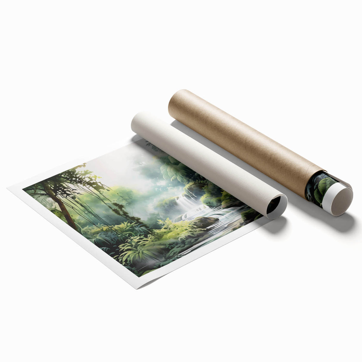 Vibrant rainforest-themed wall art print showcasing lush greenery and tropical flora, rolled and ready for framing, perfect for enhancing nature-inspired decor.