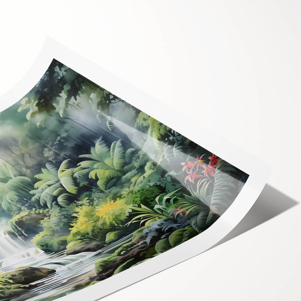 Vibrant rainforest landscape art print showcasing lush greenery and vibrant colors, rolled and ready for framing, perfect for nature-inspired decor.