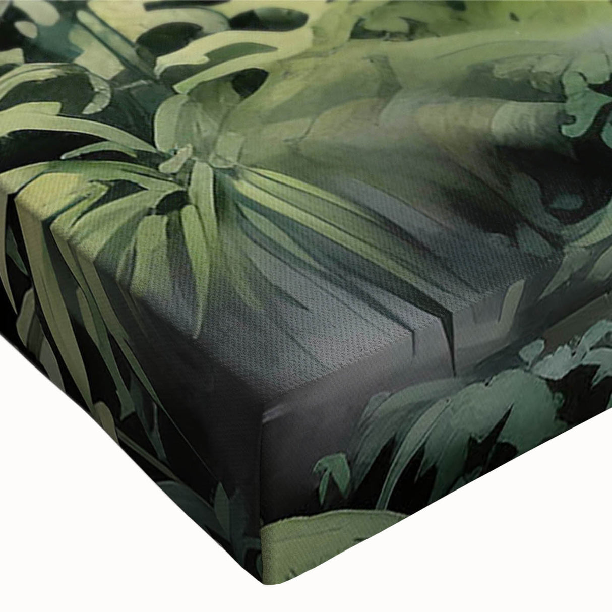 Close-up of a vibrant rainforest landscape wall art design printed on stretched canvas, showcasing lush greenery and rich colors, perfect for home decor.