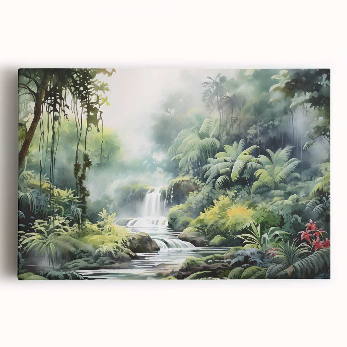 Stretched canvas wall art featuring a vibrant rainforest landscape design, showcasing lush greenery and tropical flora, ideal for enhancing home decor.