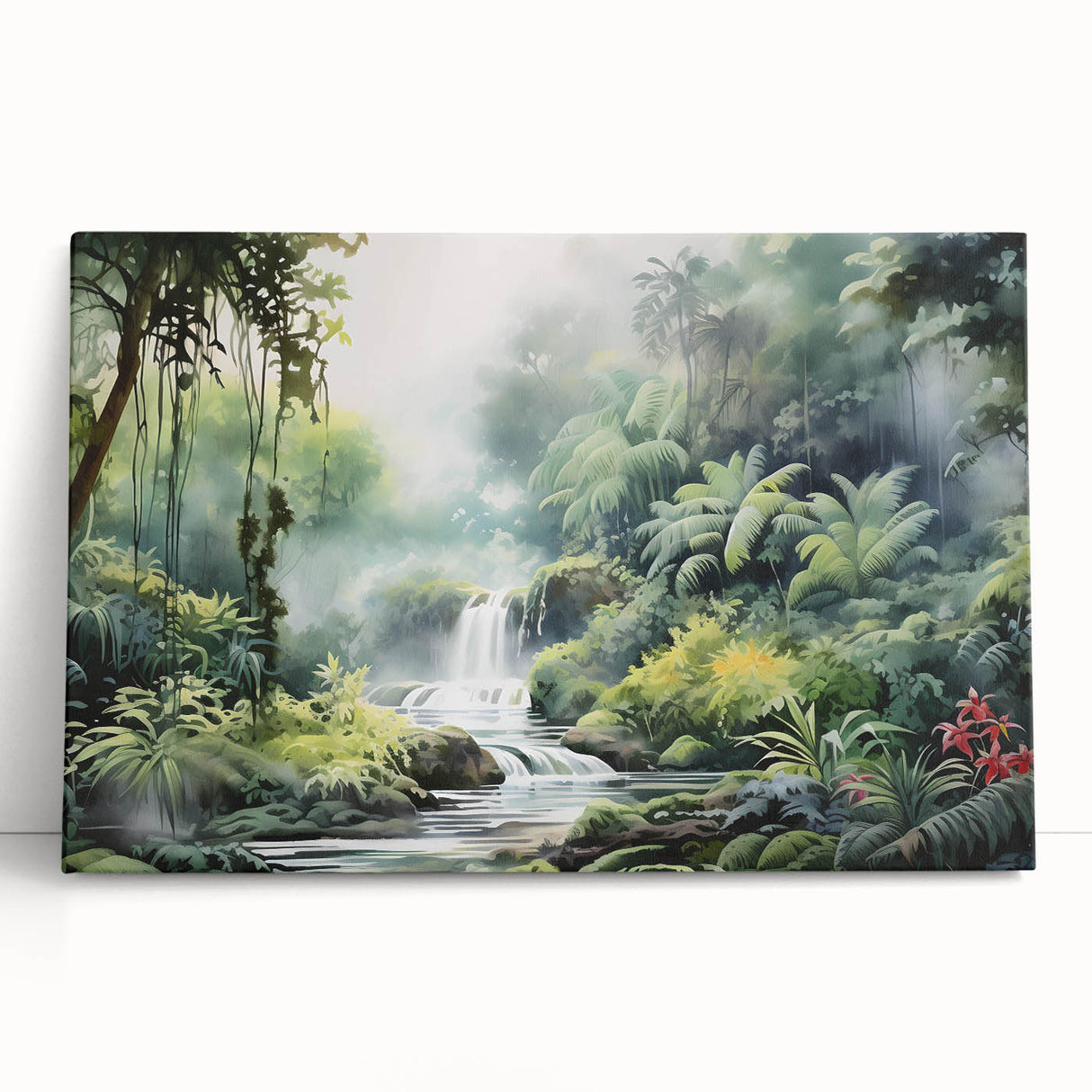 Vibrant stretched canvas artwork depicting a lush rainforest landscape, showcasing rich greens and intricate details, perfect for enhancing home decor with a nature theme.