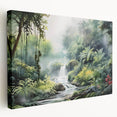 Stretched canvas wall art showcasing a vibrant rainforest landscape design in rich greens and blues, perfect for adding a nature-inspired touch to modern interiors.